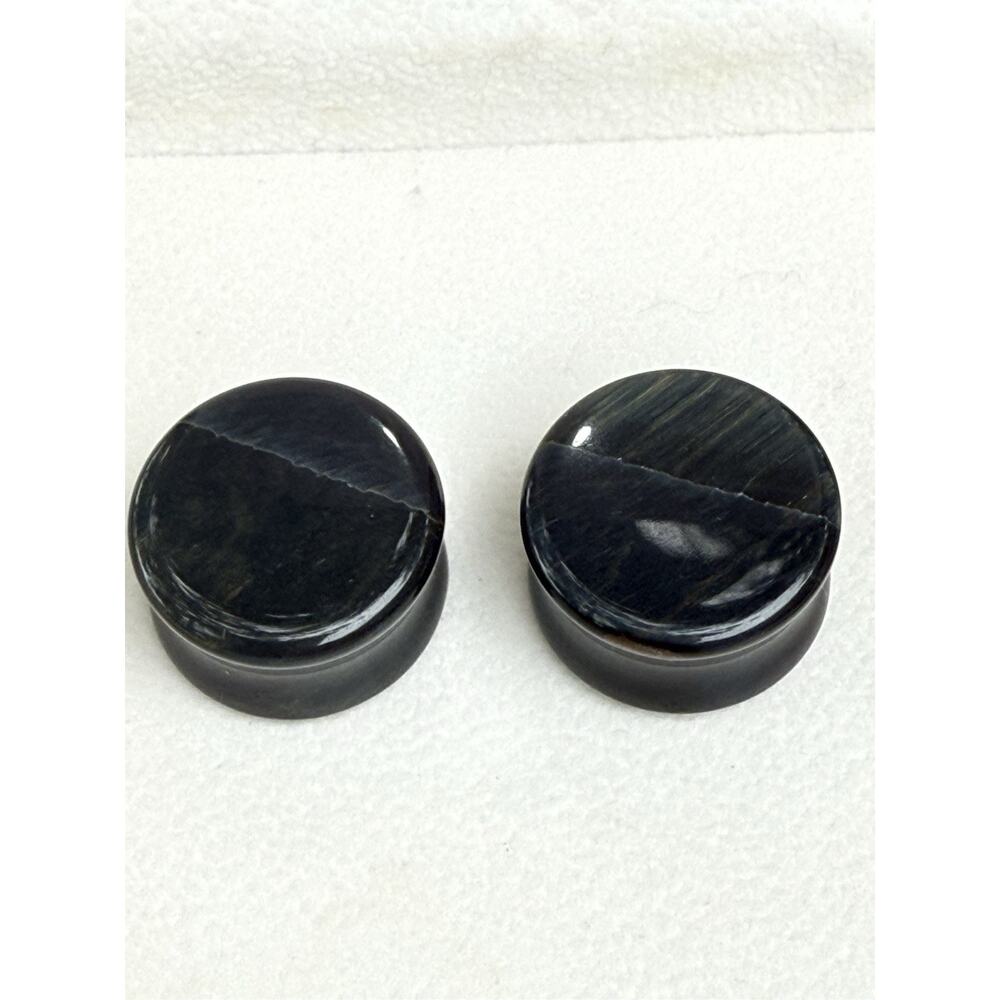 Pair Black Quartz Ear Plugs / Tunnels 3/4” (18mm) Stone Blue-Green Banding